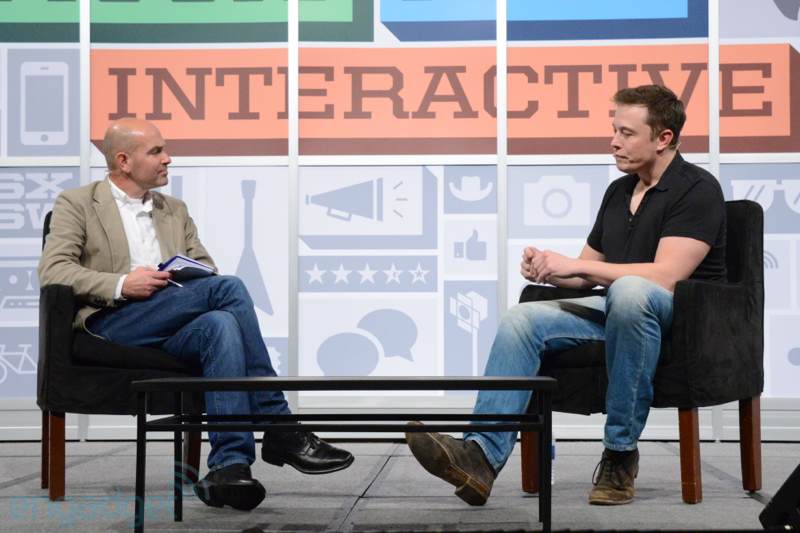 Endgadget photo of Chris Anderson interviewing Elon Musk at SXSW 2013