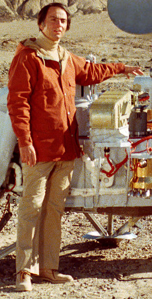 Carl Sagan with a model of the Viking lander. (courtesy Wikimedia)