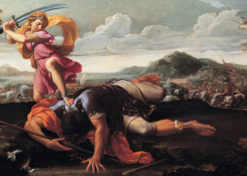 Painting of David striking down Goliath