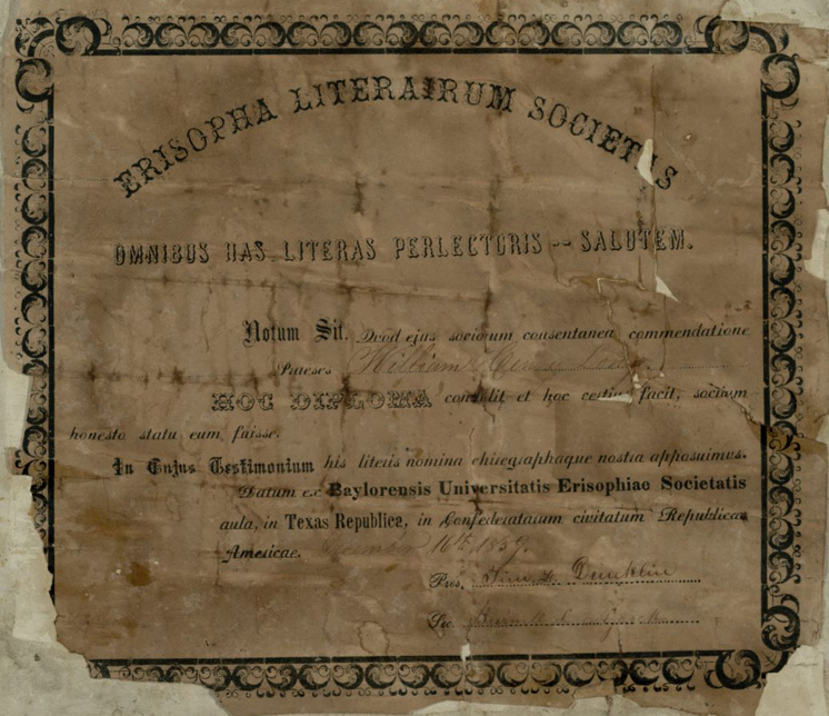 Erisophian Literary Society membership certificate, 1859. Image via Baylor University.