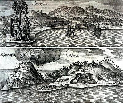 1655 engravure of the islands Amboyna (top) and Nera (bottom). National Maritime Museum, London. It is a copy of an earlier Dutch engravure. Pulau Neira and the vulcano Gunung Api belong to the Banda Islands.