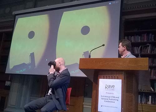 Your humble correspondent demonstrates VR to a volunteer & audience. Many thanks to Richard O'Beirne for the image