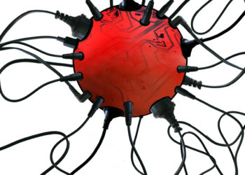 power cords plugged into a red sphere