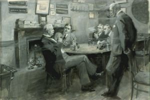 Five men gathered around a table in a private club, in discussion while smoking drinking