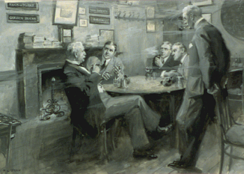 Five men gathered around a table in a private club, in discussion while smoking drinking