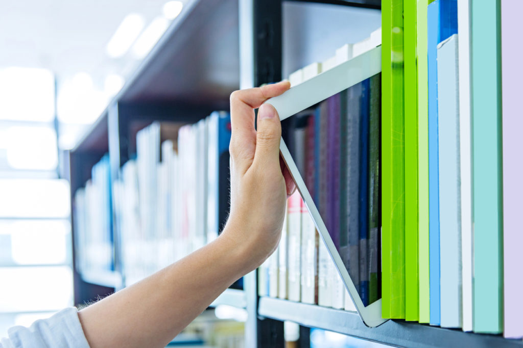 tablet on library shelf