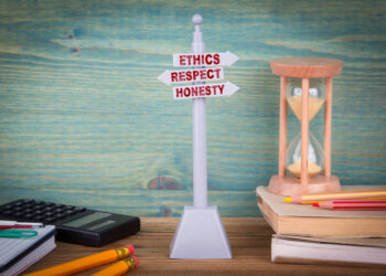 ethics respect honesty, code of conduct. Signpost on wooden table