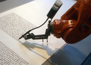 A robot writing text