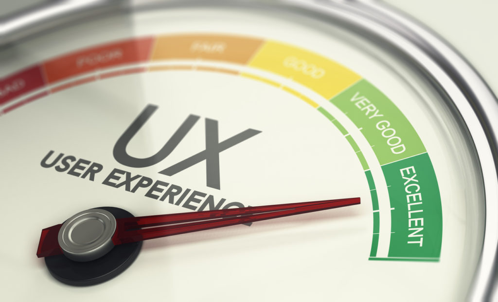 3D illustration of an user experience gauge with the needle pointing excellent 