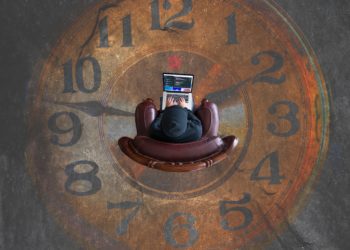 illustration of a person with a laptop sitting on a clockface