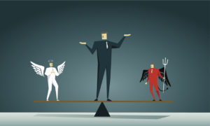 man on balance between angel and devil