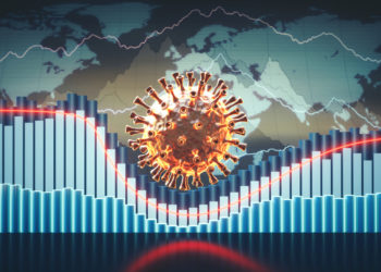 coronavirus economic infographics 3D concept with charts, graphs and world map in the background and a virus cell in the center