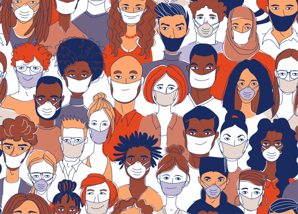 group of diverse people wearing surgical masks