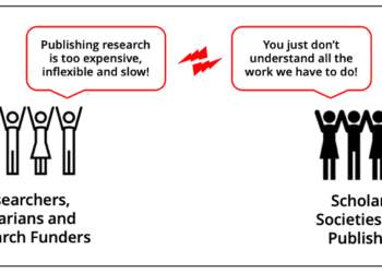 graphic showing the disconnect between researchers/librarians/funders and scholarly societies/publishers