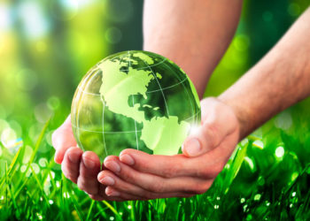Hands Holding Crystal Earth In Lush Green Environment With Sunlight