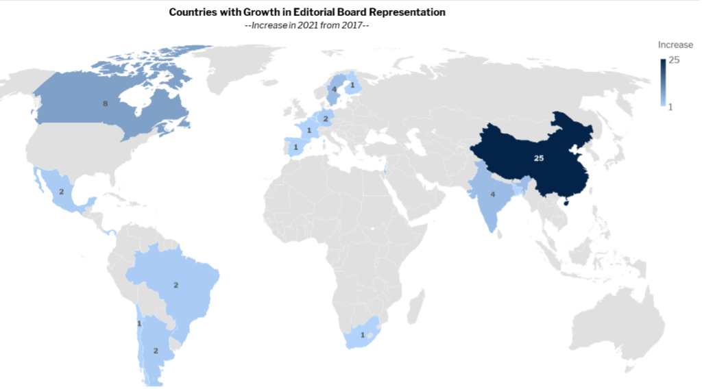 Map showing growth in editorial board members by geography