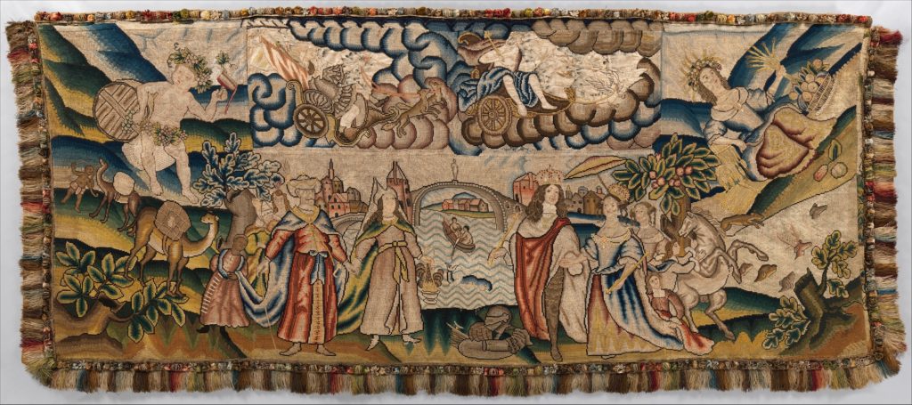 Panel from a table carpet showing the Four Continents, the Seasons, and Four Planets