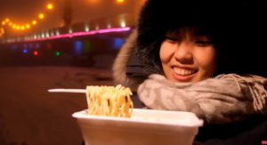 woman with frozen noodles
