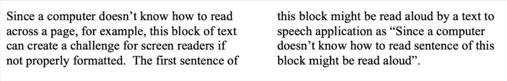 Two columns of text reading: Since a computer doesn’t know how to read across a page, for example, this block of text can create a challenge for screen readers if not properly formatted. The first sentence of this block might be read aloud by a text to speech application as “Since a computer doesn’t know how to read sentence of this block might be read aloud”. 