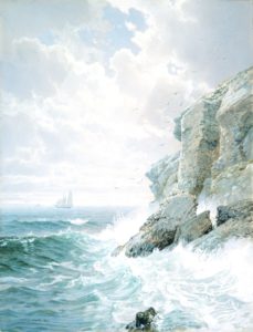 A painting in blues, white, and greens showing rough ocean waters beating against a gray rock cliff with a sailboat in the background