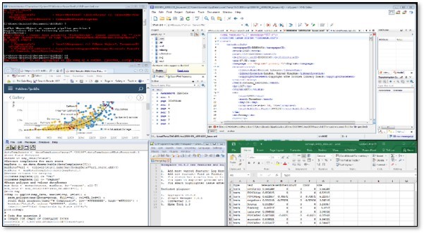 computer screenshot of many windows of data