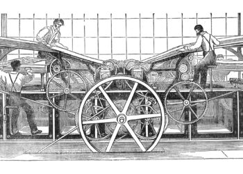 Vintage engraved illustration isolated on white background - Old printing press