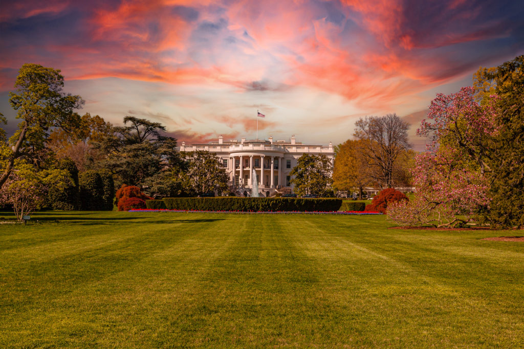 The White House, seen at sunset