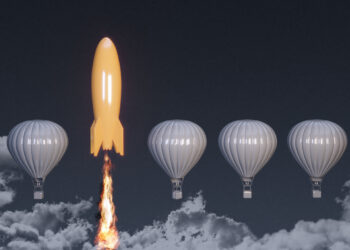 Orange colored rocket rising on the top between the hot air balloons. ( 3d render )