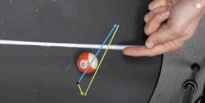 screen grab of a billiard ball spinning on a turntable with arrows to mark force directions