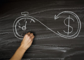 chalkboard drawing connecting time (a clock) and money (a dollar symbol)