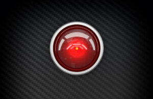 Red light on black background resembling HAL 9000 from the movie 2001