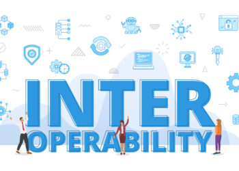 The word "interoperability" surrounded by various icons depicting technologies