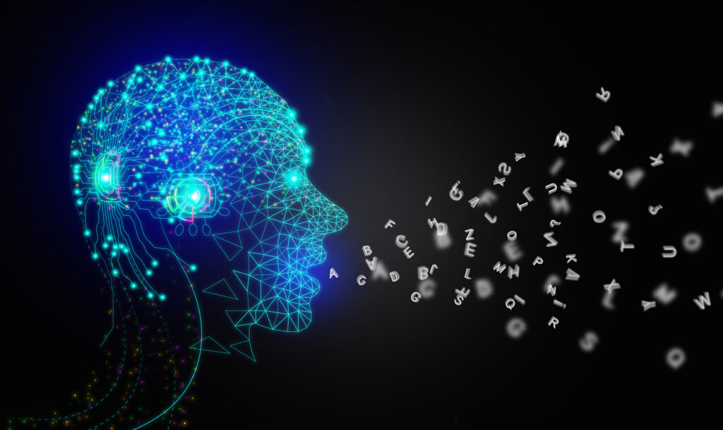 Computer rendering of artificial intelligence head speaking language