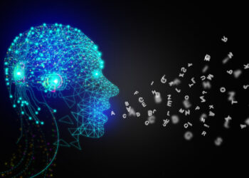 Computer rendering of artificial intelligence head speaking language