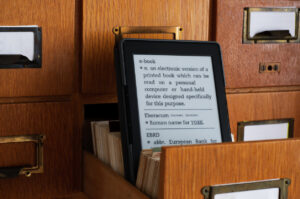 Ebook Reader in Library Catalog Card Drawer