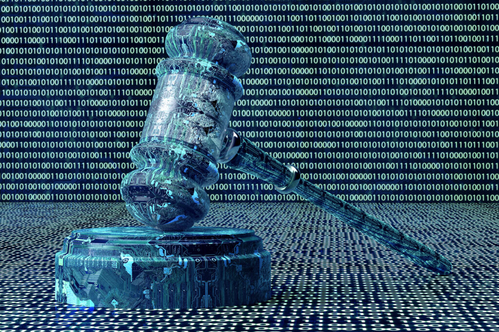 Rendering of a judge's gavel on a digital background of 1s and 0s
