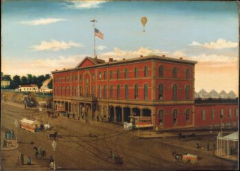 painting of a railroad depot