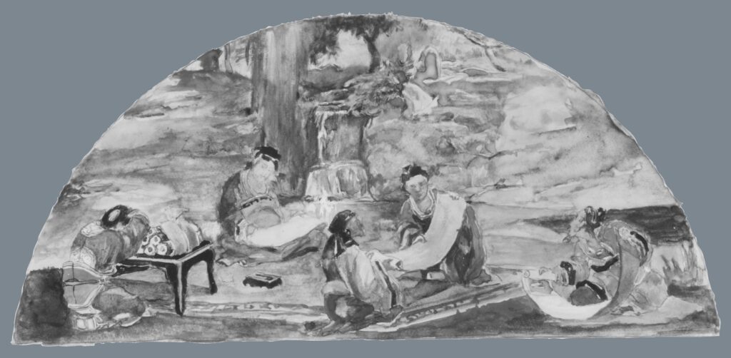 Artwork: The Recording of Precedents: Confucius and His Pupils Collate and Transcribe Documents in Their Favorite Grove, color study for mural