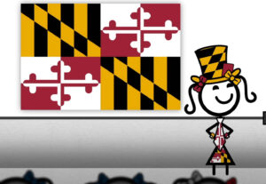 screen grab from video, child dressed as Maryland flag in front of Maryland flag