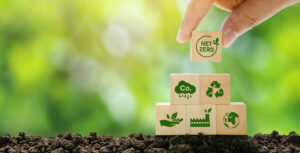 Hand stacking wooden blocks with net zero and other environmental logos on them