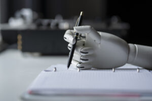 robotic hand holding a pen over a notebook