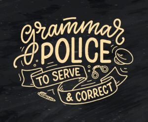 Grammar Police logo, reading "to serve & correct"