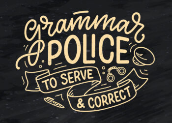 Grammar Police logo, reading "to serve & correct"