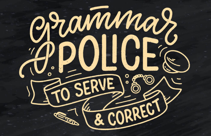 Grammar Police logo, reading "to serve & correct"