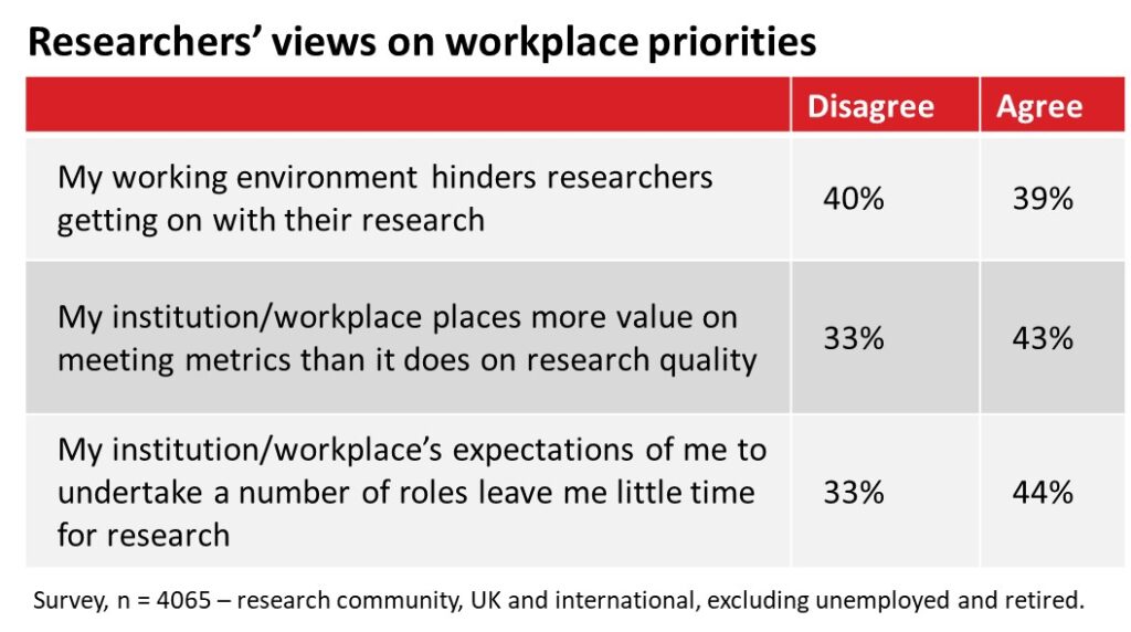 table showing data on researcher's views on workplace issues