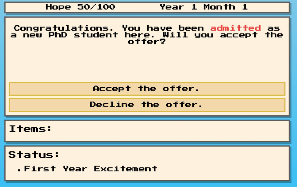 Screenshot of PhD Simulator text based game