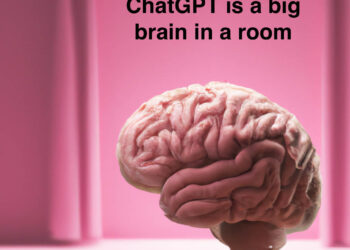 DAL-E generated image of a brain in a room with text "ChatGPT is a big brain in a room"