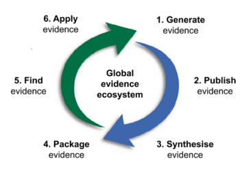 flowchart showing global evidence ecosystem, two arrows forming a circle, six steps: 1 generate evidence, 2. Publish evidence, 3. Synthesize evidence, 4. Package evidence, 5. Find evidence, 6. Apply Evidence