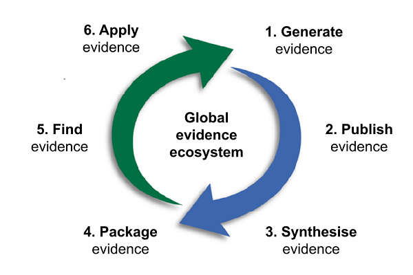 flowchart showing global evidence ecosystem, two arrows forming a circle, six steps: 1 generate evidence, 2. Publish evidence, 3. Synthesize evidence, 4. Package evidence, 5. Find evidence, 6. Apply Evidence