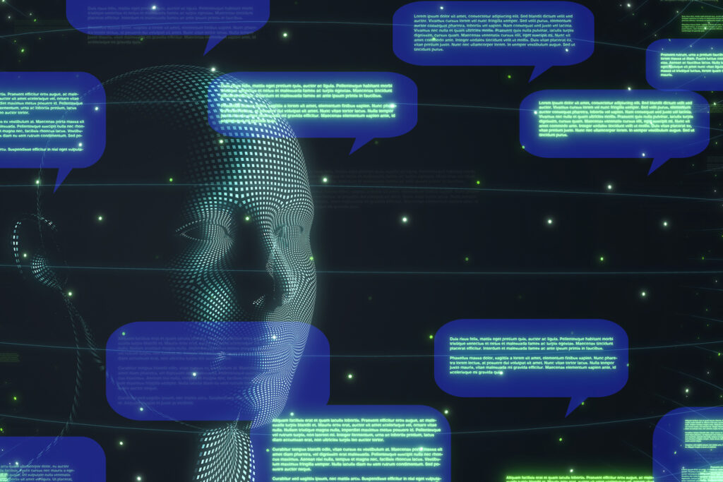 computerized face amid sound bubbles with lorem ipsum text in them